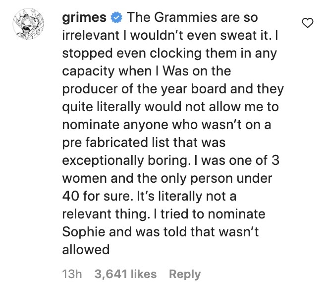 A screenshot of Grimes comment