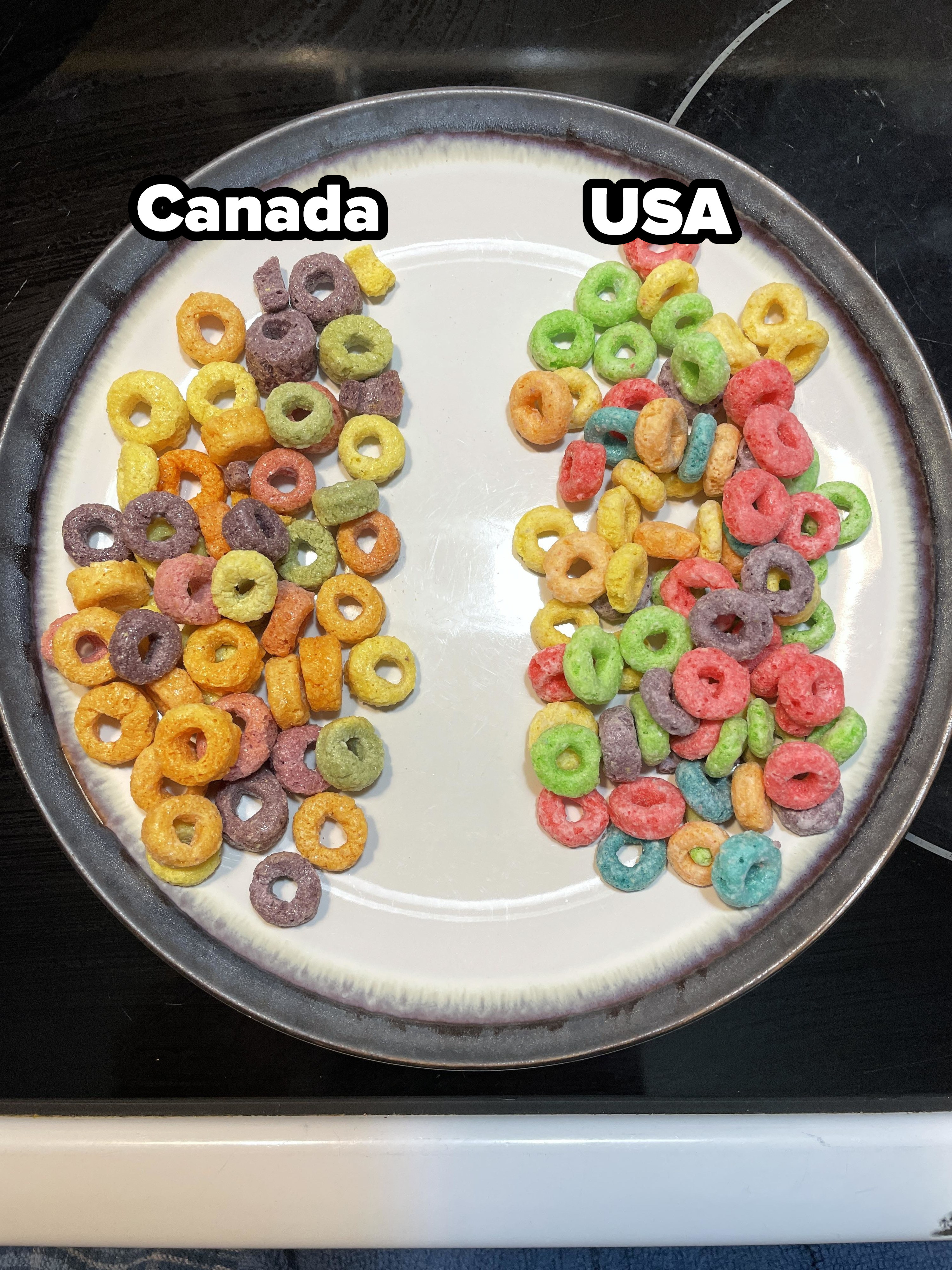 Canadian Froot Loops alongside American Froot Loops; Canadian variety is duller in color