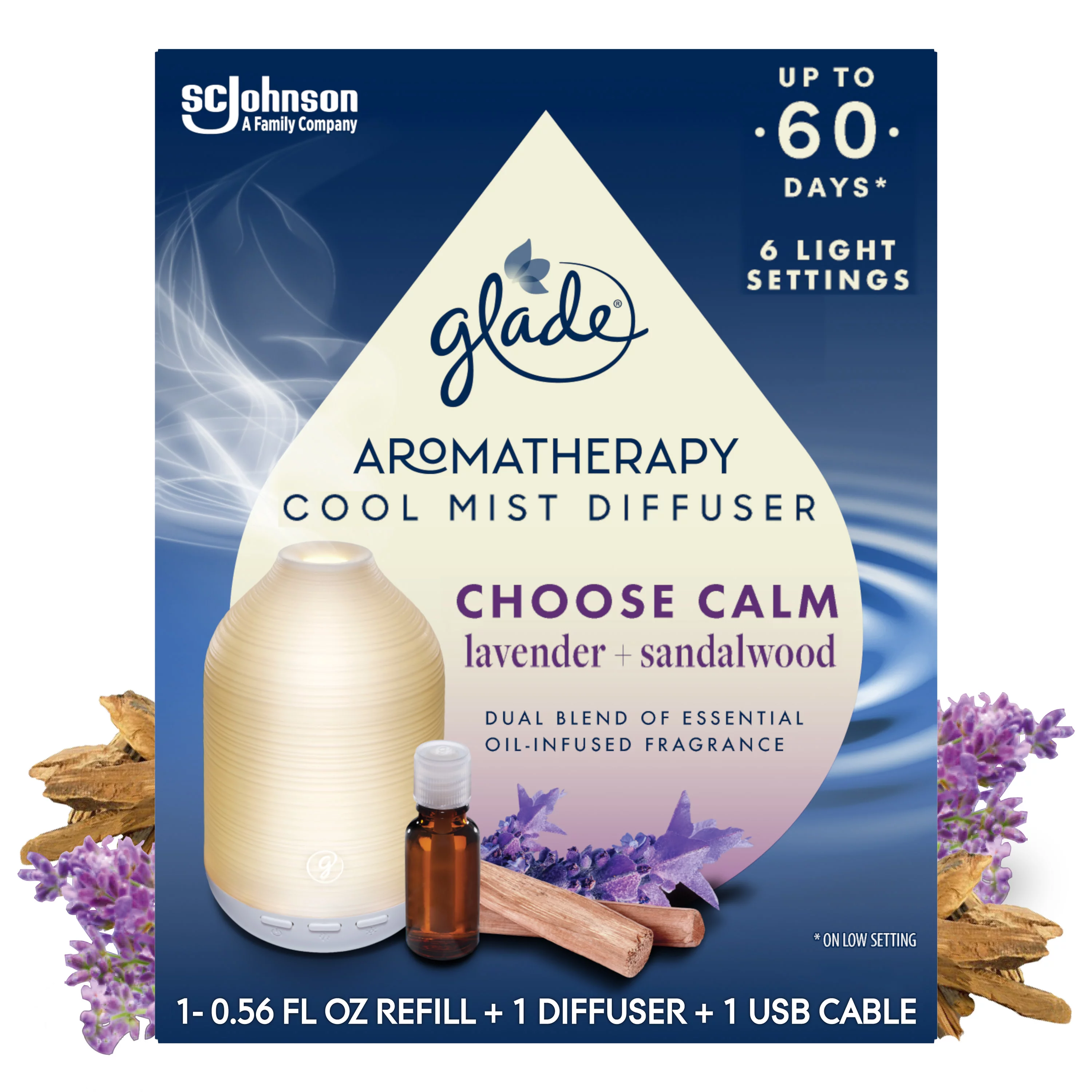 A box that shows the Glade Aromatherapy Cool Mist Diffuser