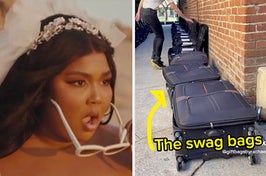 Lizzo looking confused, and a row of suitcases as swag bags