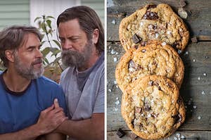 On the left, Frank and Bill from The Last of Us, and on the right, some chocolate chip cookies topped with flaky sea salt