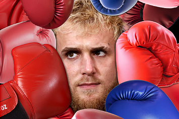 A photo illustration of Jake Paul surrounded by boxing gloves
