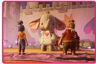 May and Cody standing with their backs facing the camera with Rose's favorite toy, Cutie the elephant standing in front of them facing the camera.