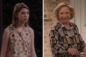 leia and kitty in shirts with loud prints on that 90s show