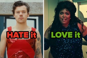 On the left, Harry Styles in the As It Was music video labeled hate it, and on the right, Lizzo in the About Damn Time music video labeled love it