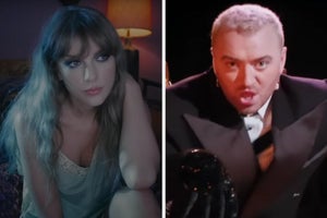 On the left, Taylor Swift in the Lavender Haze music video, and on the right, Sam Smith in the Unholy music video
