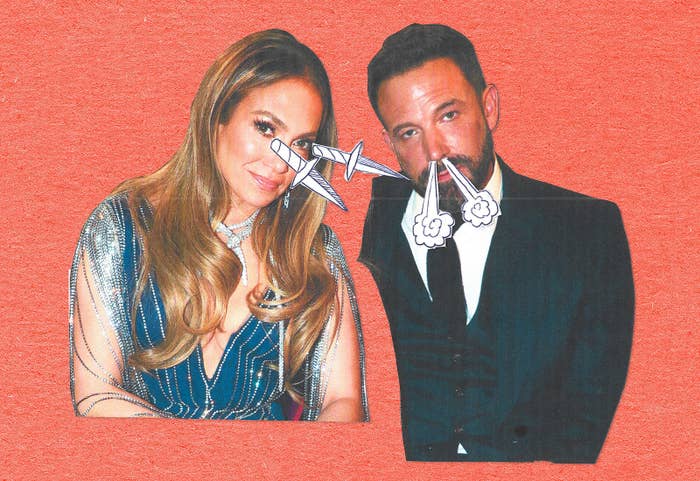 Jennifer Lopez with daggers coming out of her eyes at a frowning Ben Affleck who has steam coming out of his nostrils at the Grammys