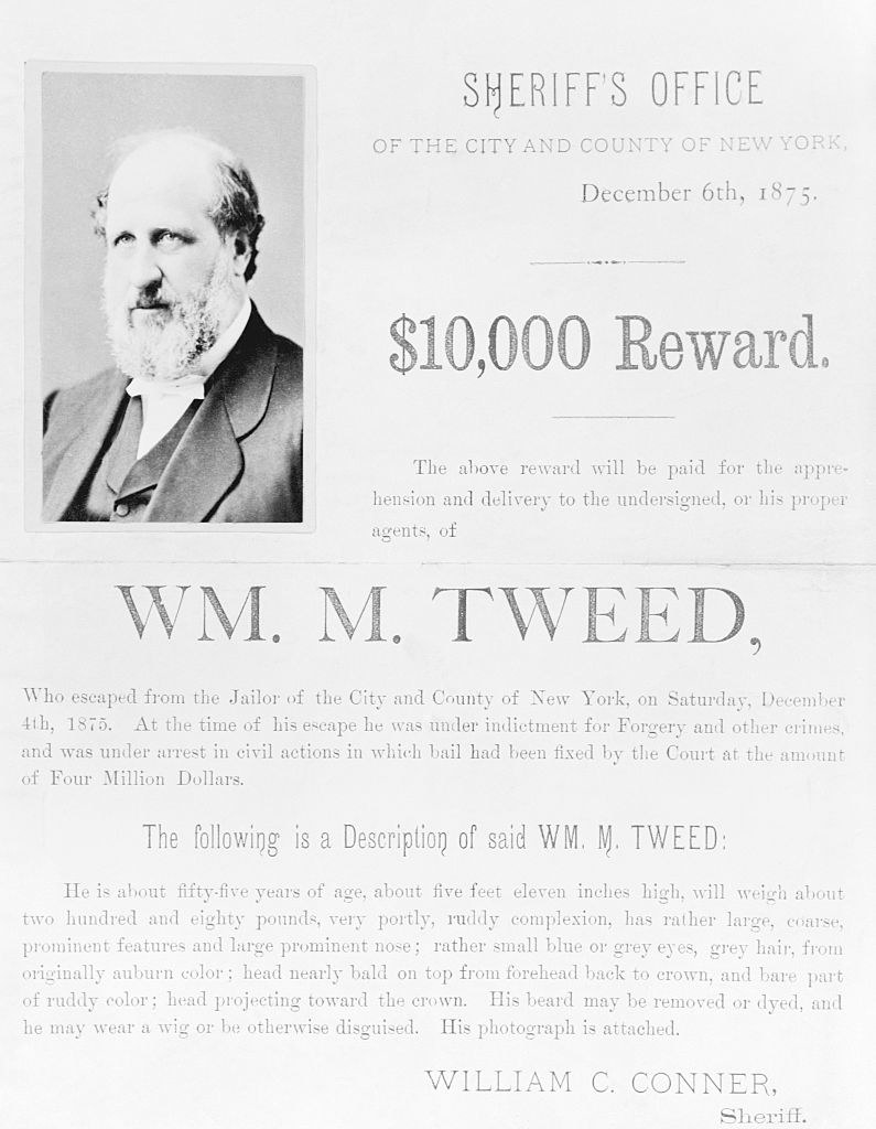 Flyer for an award for the capture of Boss Tweed