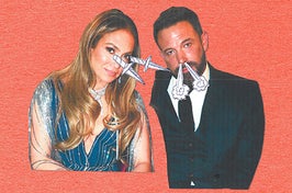 Jennifer Lopez with daggers coming out of her eyes at Ben Affleck who has steam coming out of his nose at the Grammy's