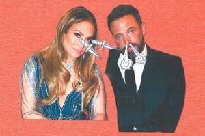 Jennifer Lopez with daggers coming out of her eyes at Ben Affleck who has steam coming out of his nose at the Grammy's