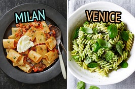 On the left, some rigatoni in marinara sauce with eggplant and ricotta labeled Milan, and on the right, some pesto fusilli pasta labeled Venice