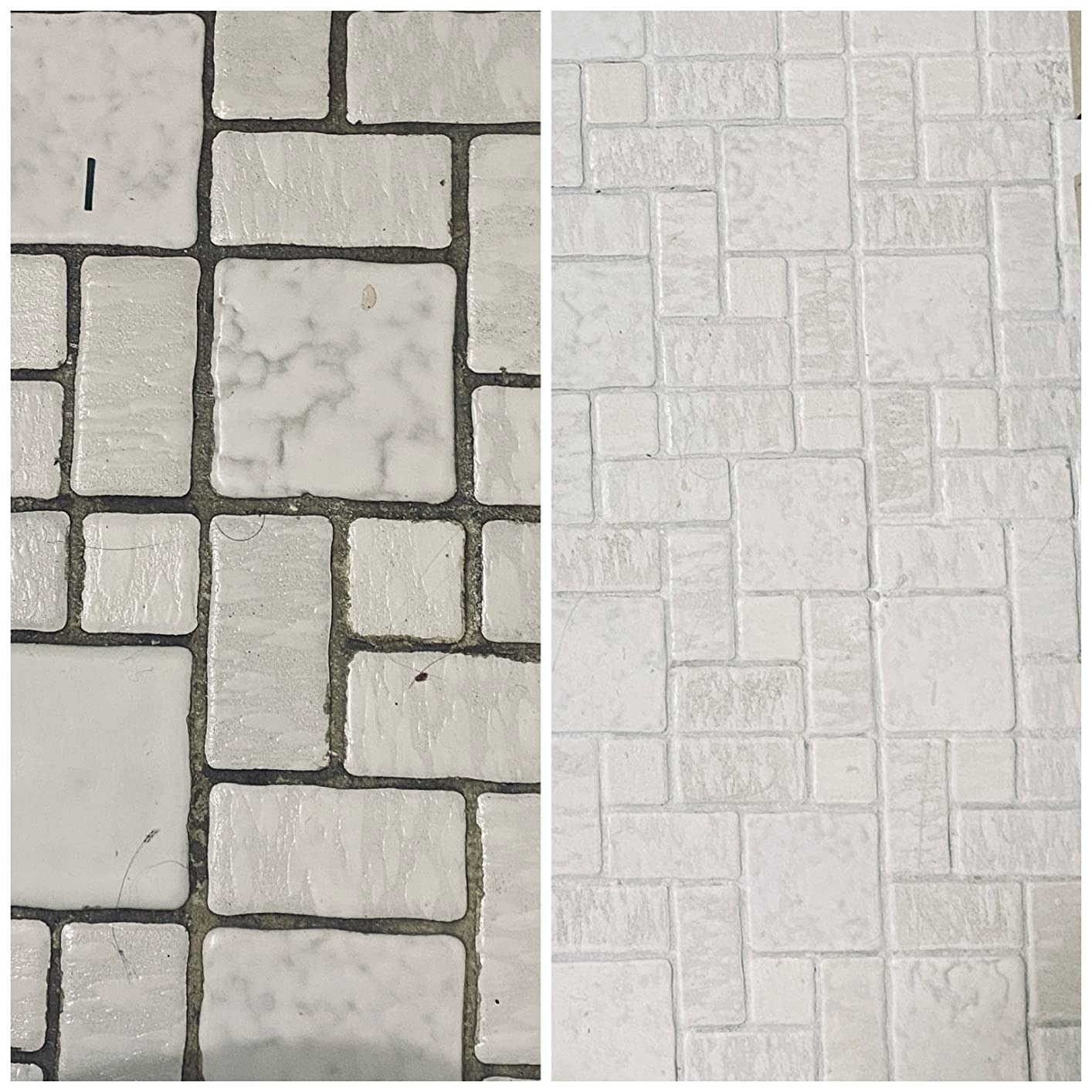 Left: reviewer&#x27;s before photo of white tile with black, dirty grout / right: same reviewer&#x27;s after photo of the white tile with white, clean grout
