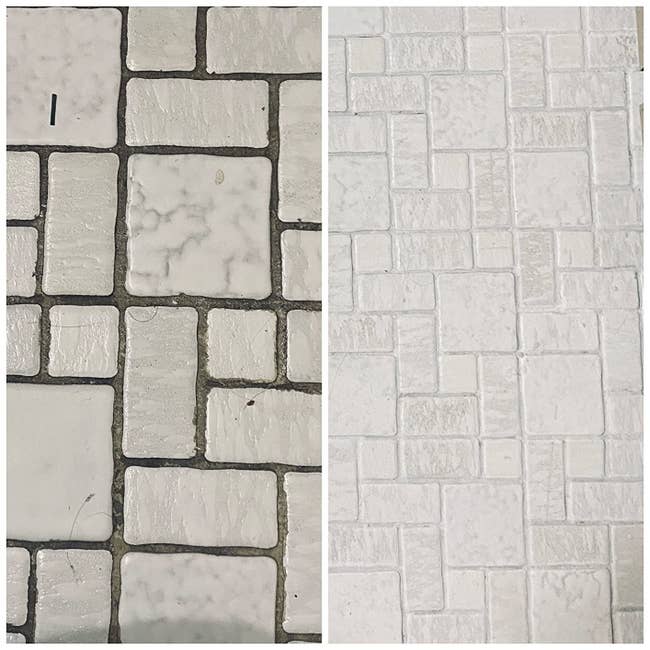 Left: reviewer's before photo of white tile with black, dirty grout / right: same reviewer's after photo of the white tile with white, clean grout