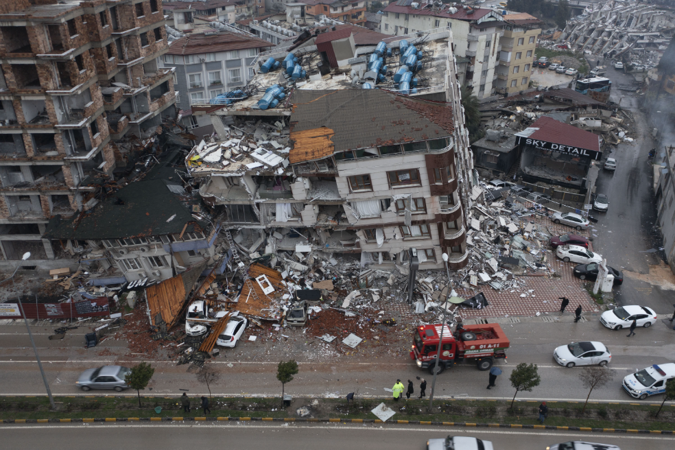 A collapsed building shot from overhead