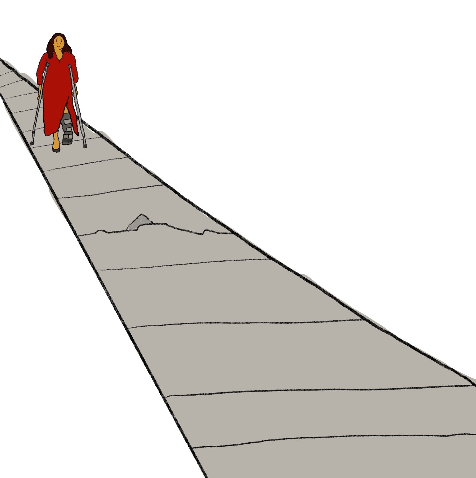 walking down sidewalk on crutches