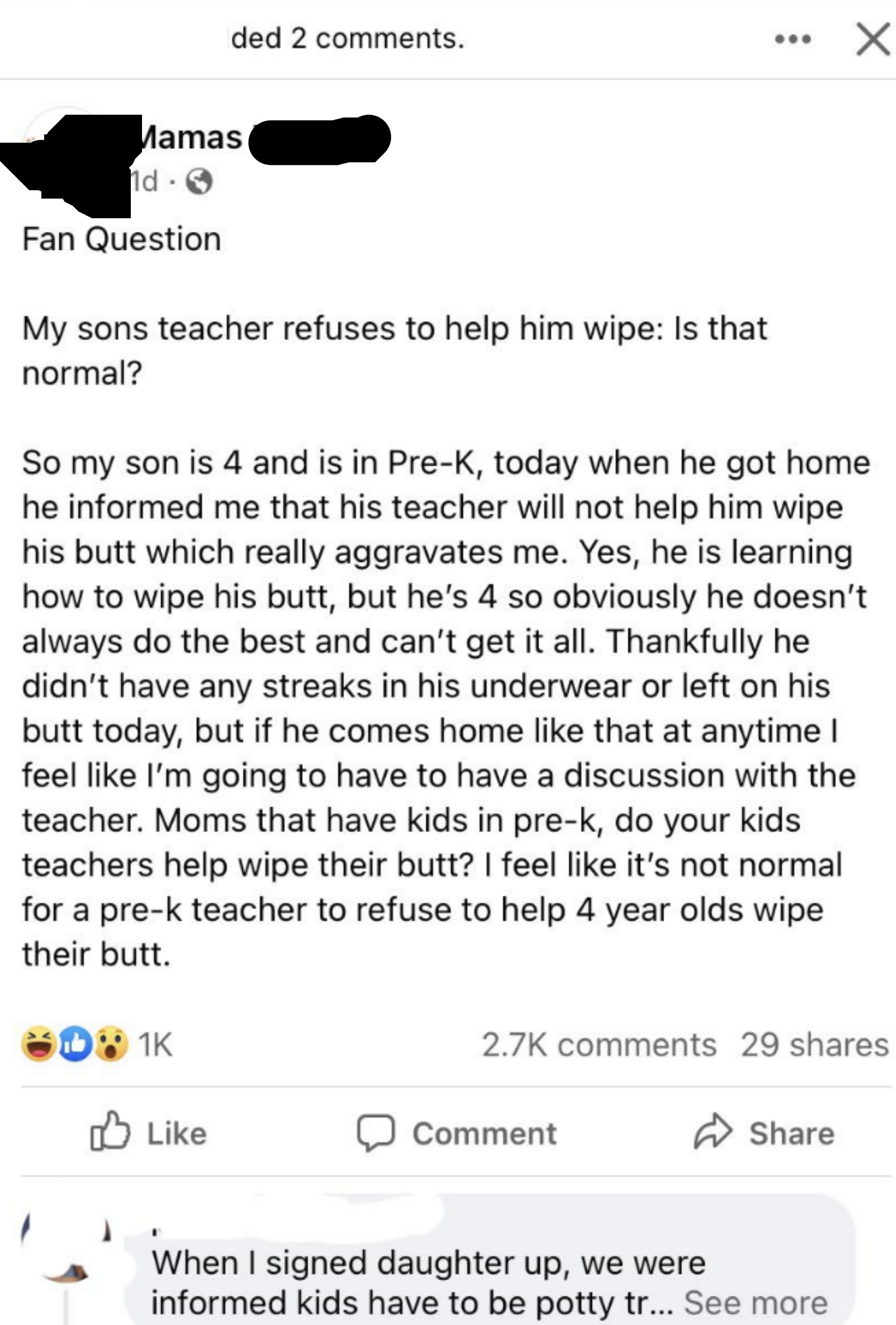 mom asking if it&#x27;s normal that a teacher doesn&#x27;t help with wiping butts because her child is 4 and is still learning