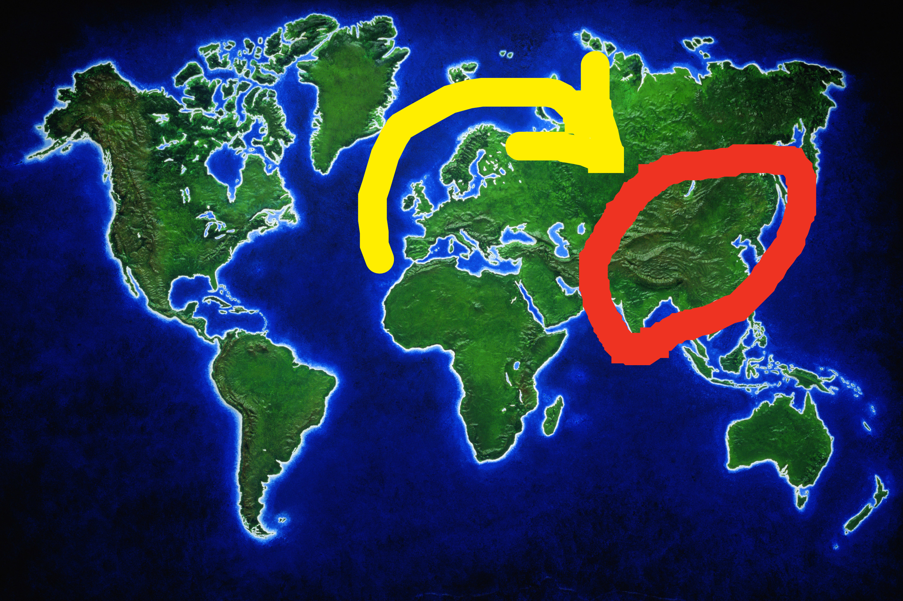 India and China circled on a world map