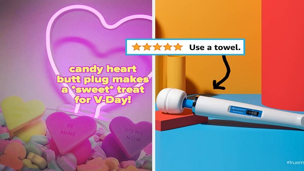Assorted candy heart butt plugs and plug-in wand vibrator on display