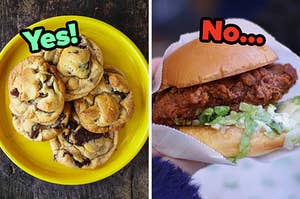 On the left, a plate of chocolate chip cookies labeled yes, and on the right, a fried chicken sandwich labeled no
