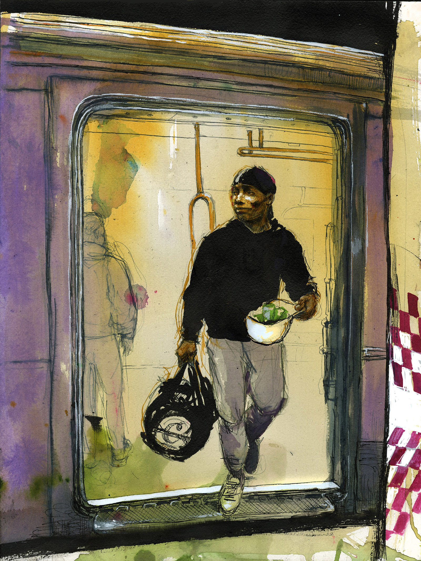 An illustration shows a man exiting a subway car carrying a duffel bag and a baseball cap full of cash