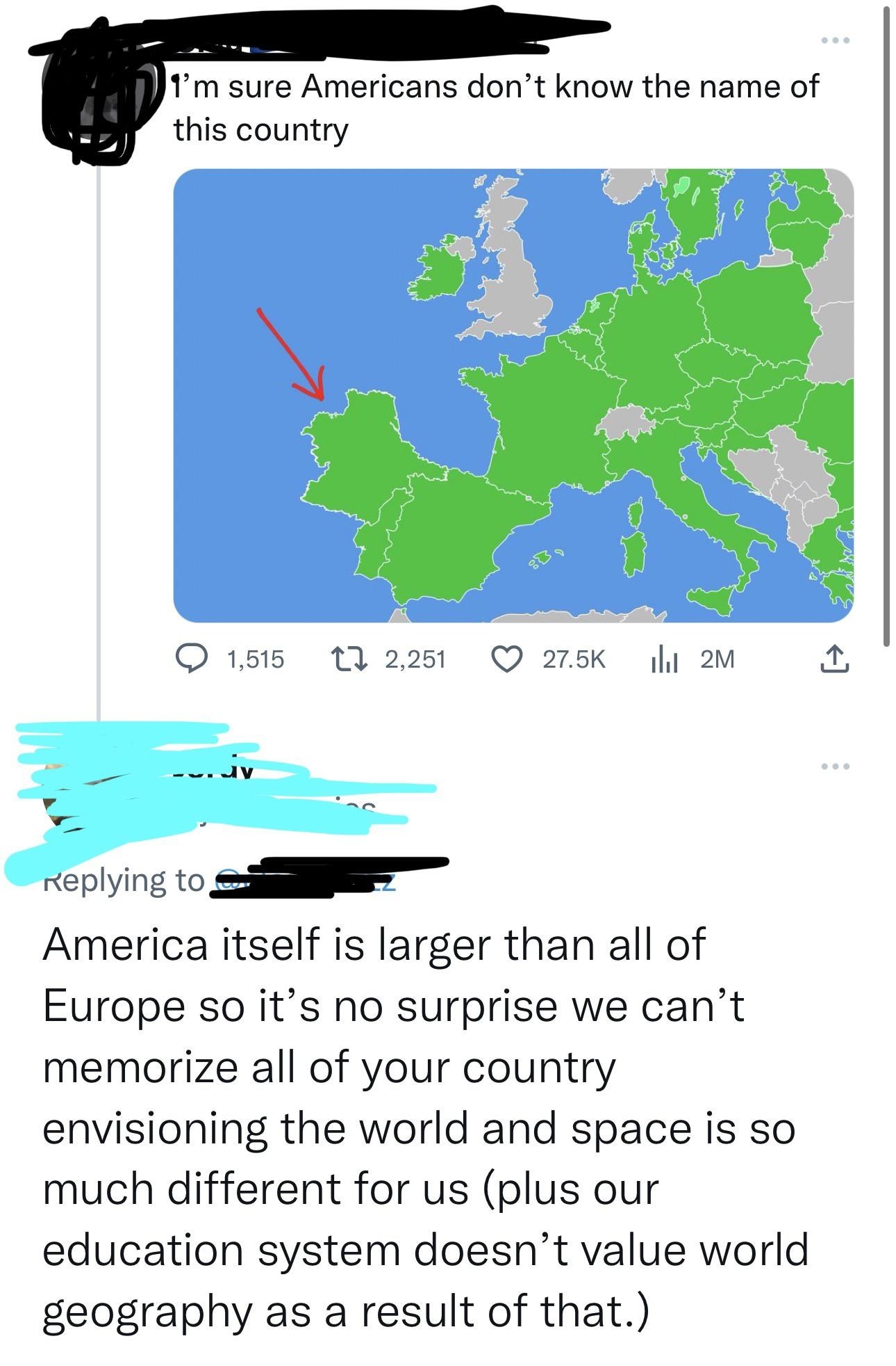 American who says they don&#x27;t learn geography in school because America is larger than Europe and envisions the world and space differently and therefore doesn&#x27;t value geography