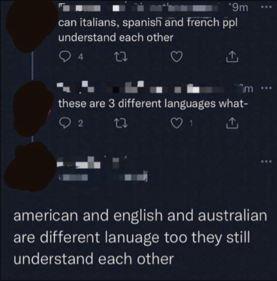 Person who thinks American, English, and Australian are all different languages