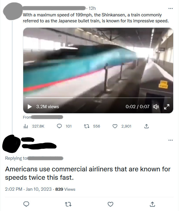 Person who is not impressed with Japan&#x27;s bullet trains because airplanes can go twice as fast