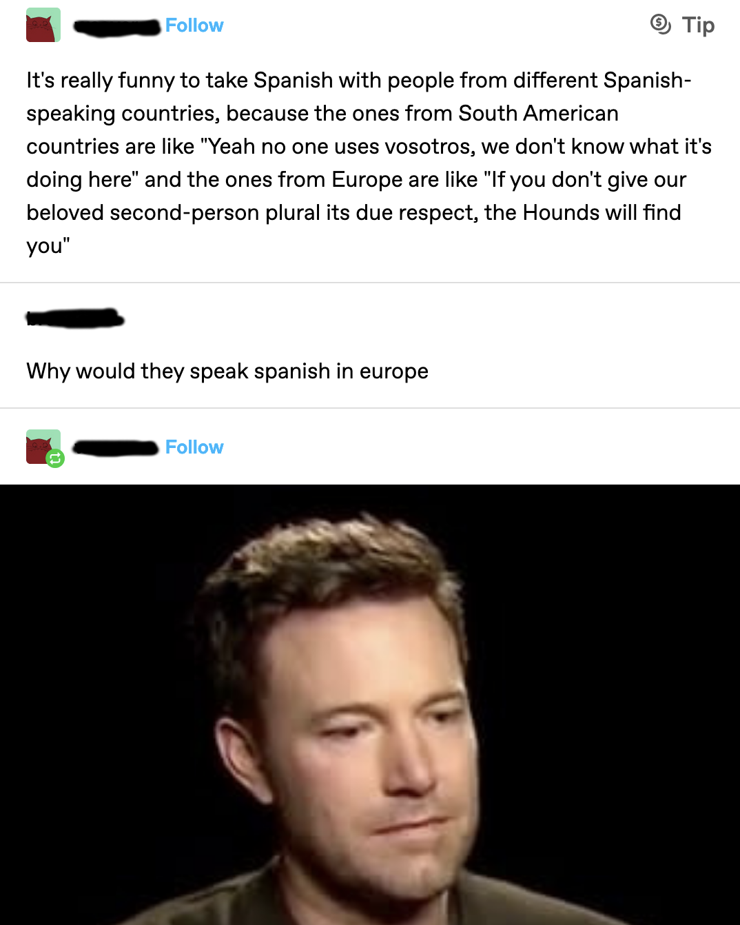 Person who asks why they speak Spanish in Europe