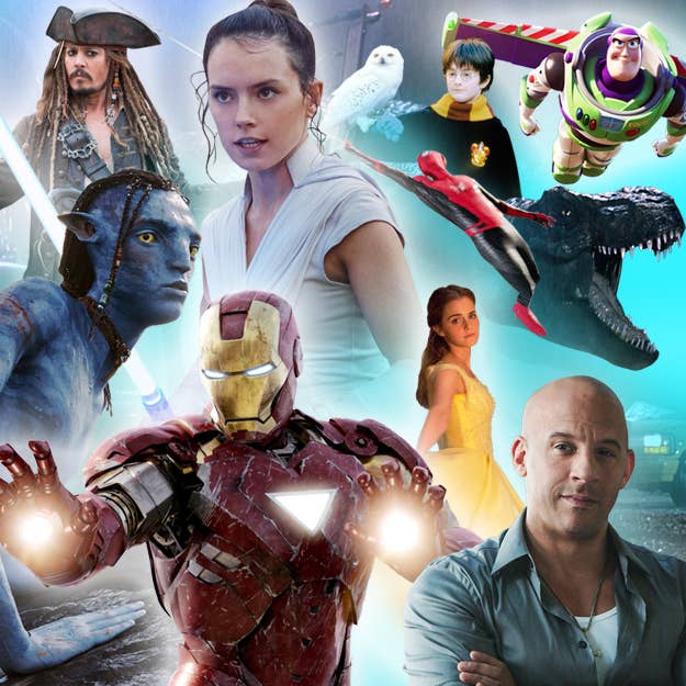 Images from Pirates of the Caribbean, Star Wars, Harry Potter, Toy Story, Spider-Man, Jurassic Park, Iron Man, Beauty and the Beast, and the Fast and the Furious franchises.