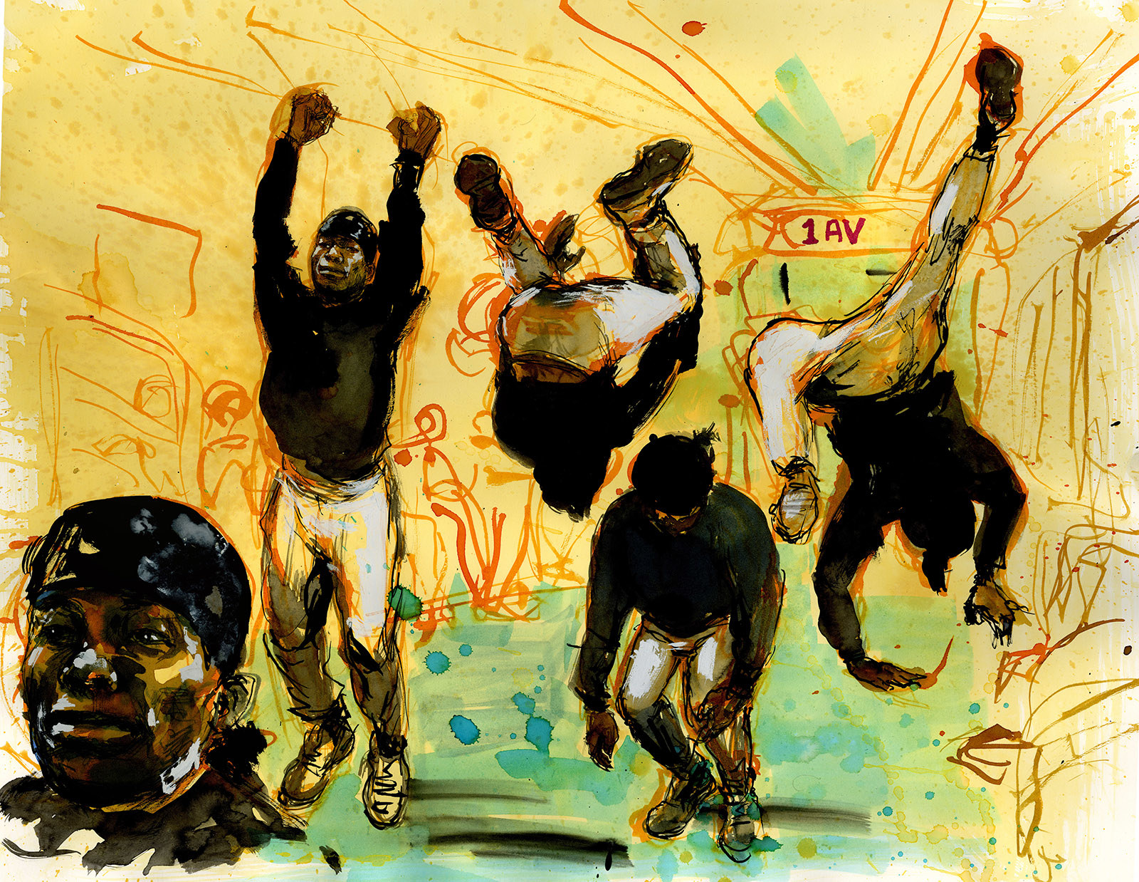 A watercolor illustration shows a man doing a backflip in four frames on a crowded subway car