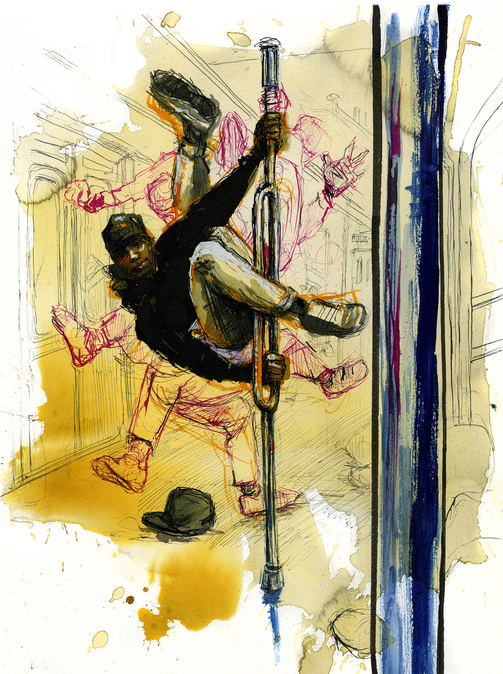 A watercolor illustration shows a man swinging on subway pole