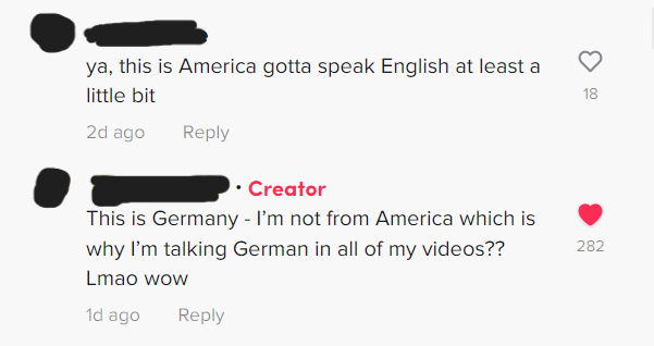 Person who says this is America, speak English, and someone says they&#x27;re in Germany