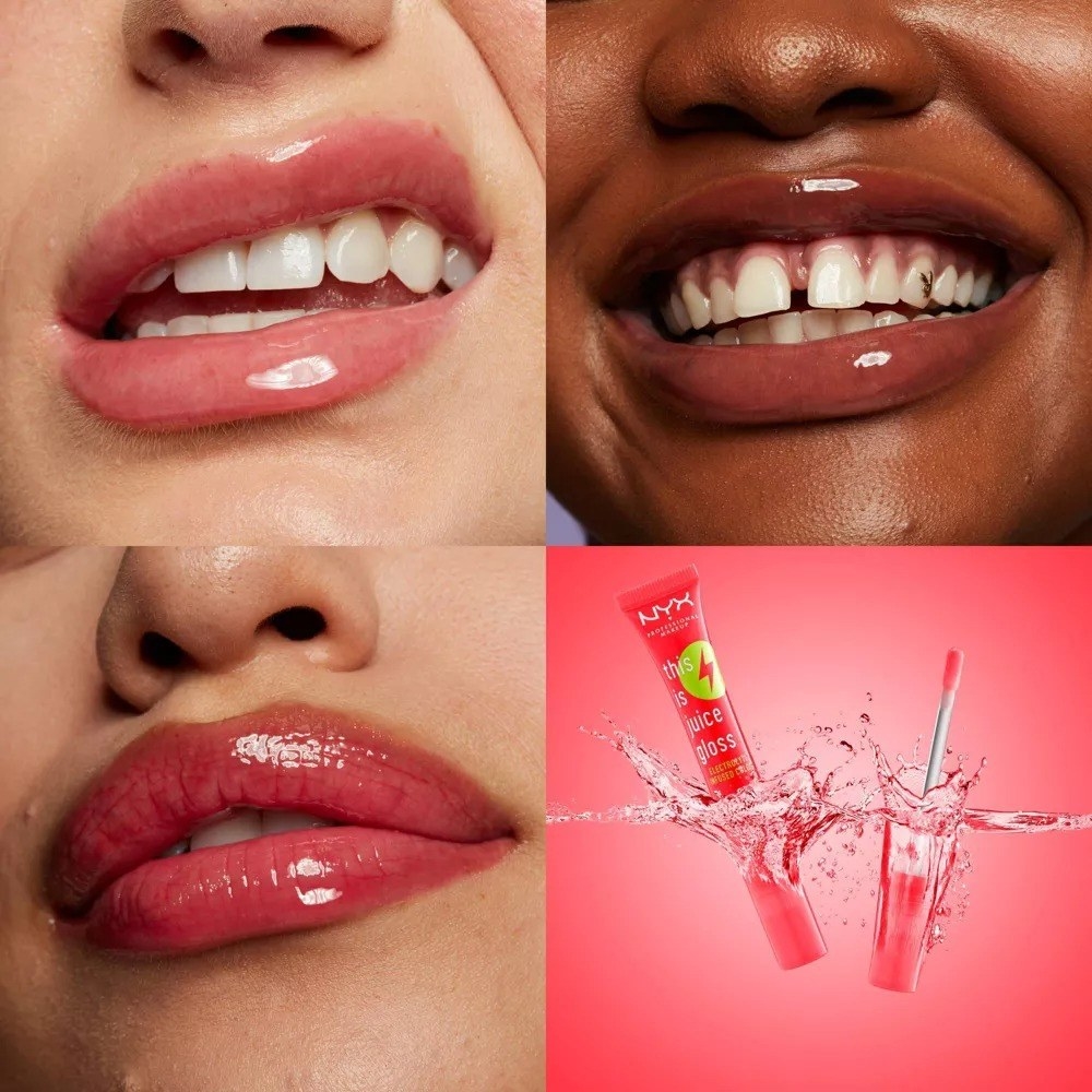 The lip gloss in shade watermelon sugar on three models