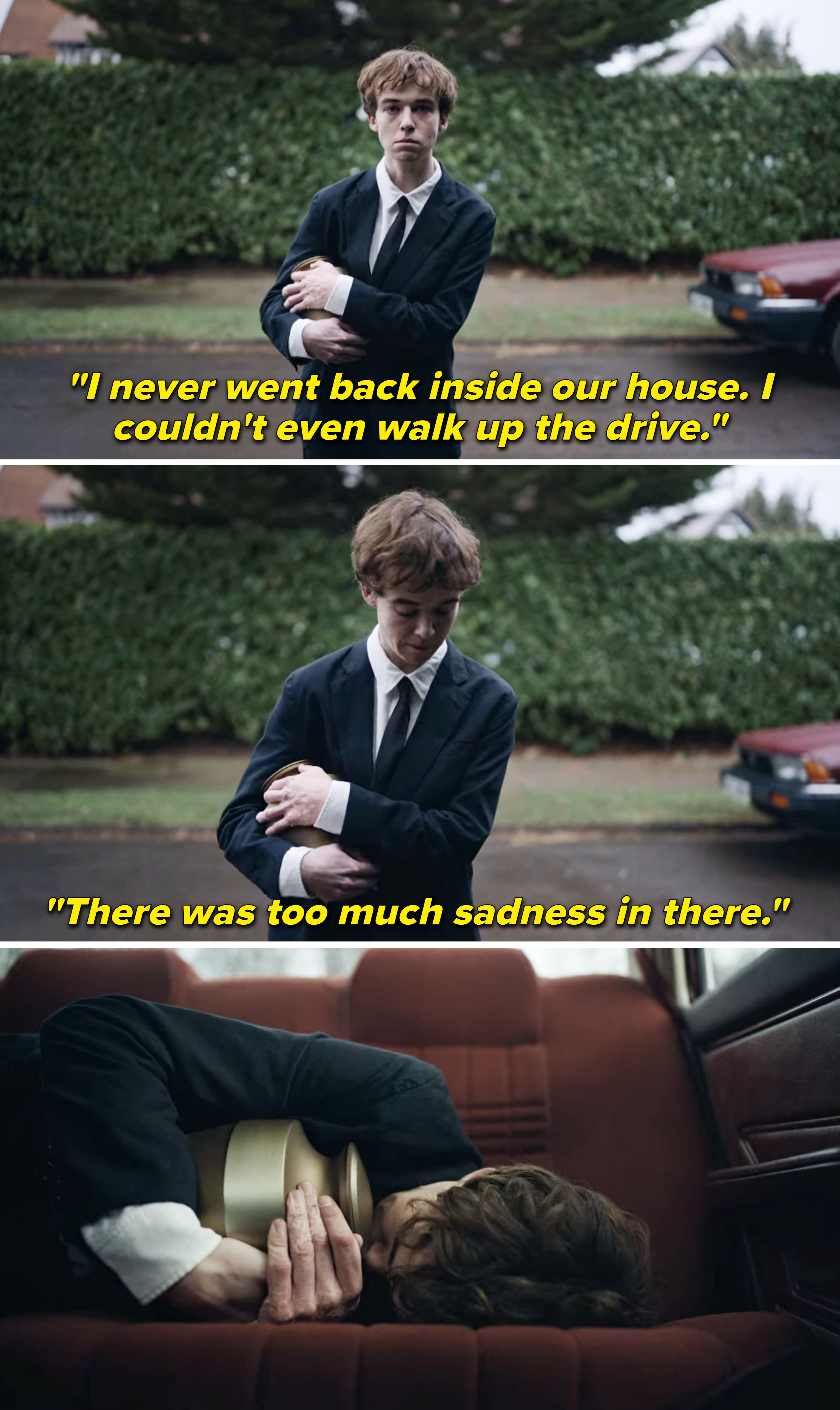his character saying he couldn&#x27;t walk inside the house because it was too sad and then crying in the backseat of a car while holding an urn