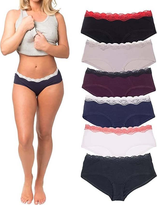 A model wearing the underwear next to a close up of a variety of underwear