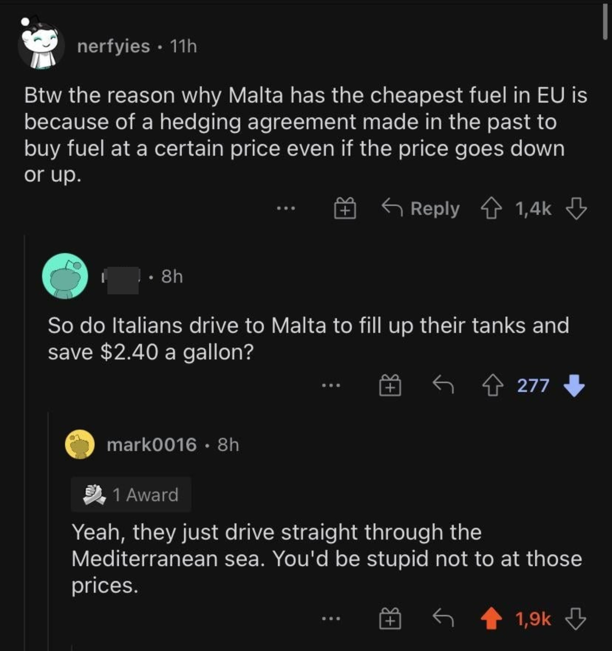 Person who asks if Italians drive to Malta, an archipelago, to get gas