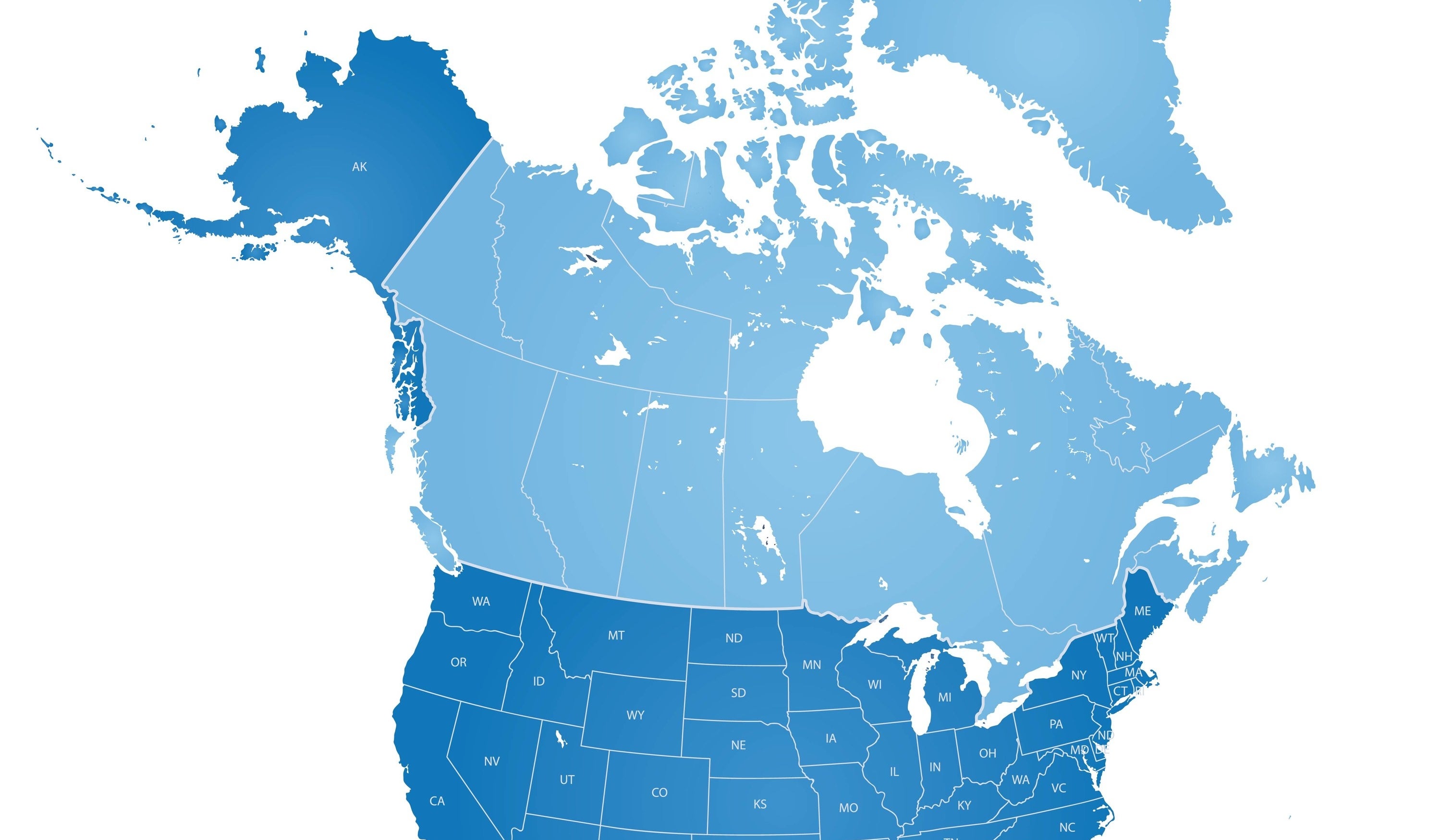 A map showing the United States-Canadian border