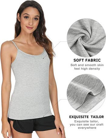 A model wearing the tank in gray with text explaining the soft fabric and details