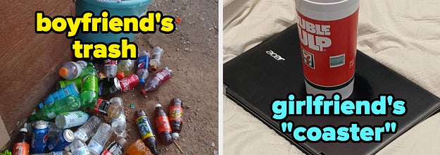 "boyfriend's trash" over a pile of empty bottles and cans and "girlfriend's 'coaster'" over a cup placed on a closed laptop