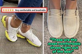 L: a reviewer wearing sneakers and a five-star review titled "Very comfortable and breathable", R: a reviewer wearing tan slip-on loafers and a quote reading "There are the most comfortable shoes right out of the box!" 