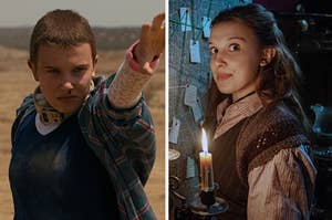 eleven with a bloody nose on the left and enola holmes holding a lit candler on the right
