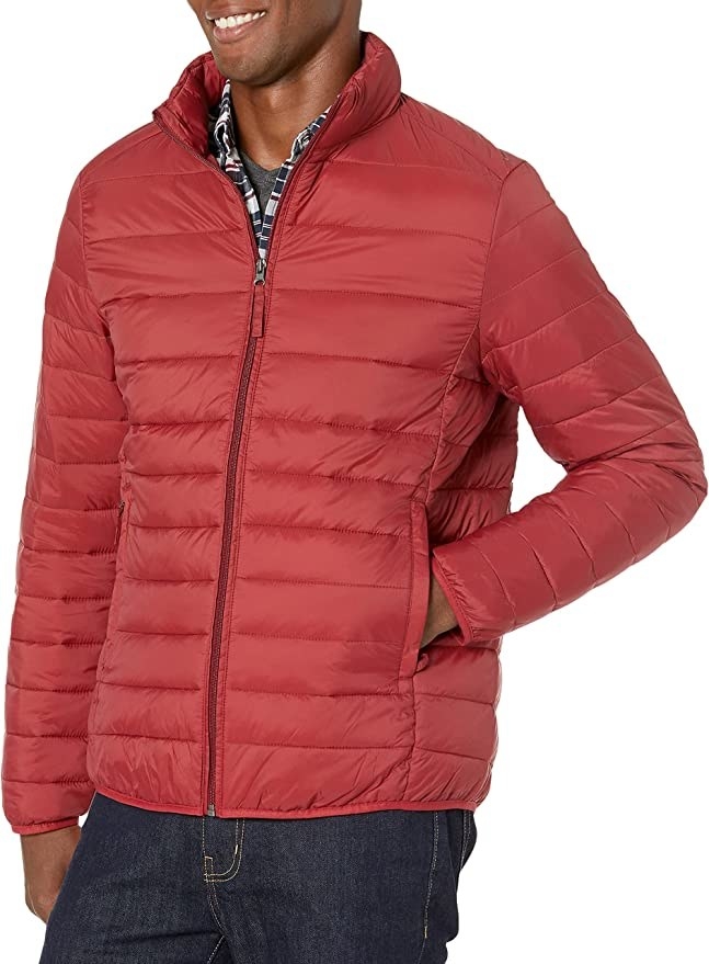 A model wearing the jacket in red