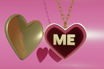 A gold heartshaped locket with that says "ME" on the inside on pink velvet