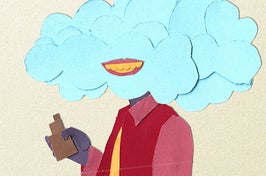 An illustratin made with cut paper of a person with a vape cloud over their face and their yellow smile is showing through