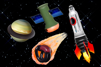 A space scene where the bathmate penis pump is a rocket, the Lovehoney cock ring is the ring around a planet, the Firmtech ring is a comet, and the MyHixel Penis TR Sleeve is a satellite