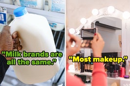 a milk bottle with the worlds milk brands are all the same and someone applying makeup with the words most makeup