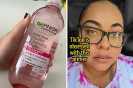 Reviewer holding Garnier micellar water bottle and reviewer wearing Elf putty primer labeled "TikTok is obsessed with this primer"