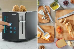 a touchscreen toaster and a set of wooden cutting boards with breads and cheeses