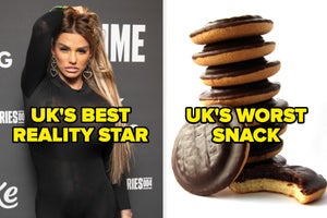 katie price caption reads uk best reality star and some jaffa cakes caption reads uk worst snack