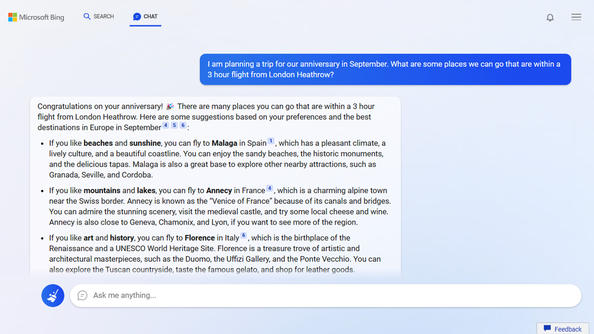 Bing AI answers &quot;I am planning a trip for our anniversary in September. What are some places we can go that are within a 3 hour flight from London Heathrow?&quot;